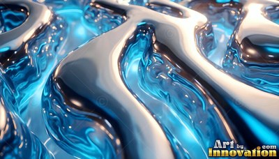 Chrome fluid flows across bright blue liquid with shiny reflections on curved ripples
