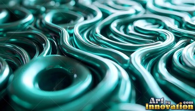 In dim light, shiny teal fluid swirls in smooth raised ripples