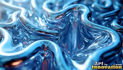 Swirling into smooth ridges, shiny blue chrome liquid ripples in cool light
