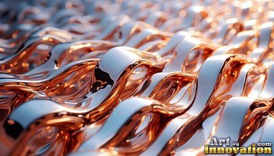 Curved waves of shiny copper and silver fluid in rows