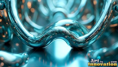Curved metallic blue fluid arches over a reflective surface in diffused light