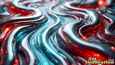 Thick streams of metallic liquid flow across a surface lit with blue and red light