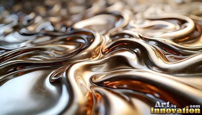 Tilted view across a glossy gold fluid swirling in shallow waves