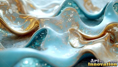 Flowing in smooth crests, thick blue fluid and gold paint curve across the surface