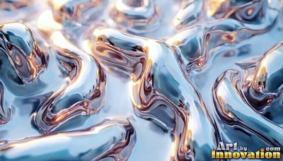 Smooth waves of shiny liquid metal ripple with warm golden reflections under gentle light