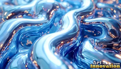 Metallic blue fluid ripples into smooth curves reflecting tiny warm lights