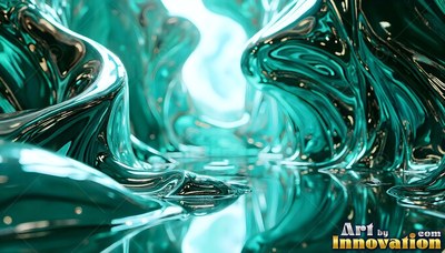 A shiny teal liquid flows into smooth hills with bright light behind it