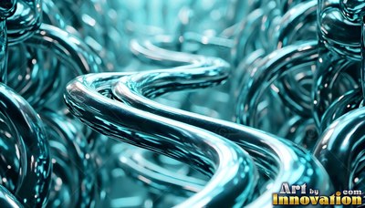 Curving teal metallic liquid streams weave through a dense tangle of shiny loops