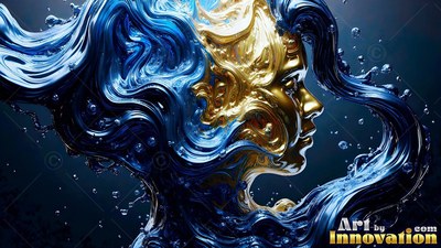 In profile against dark water, a gold and liquid face with splashing hair