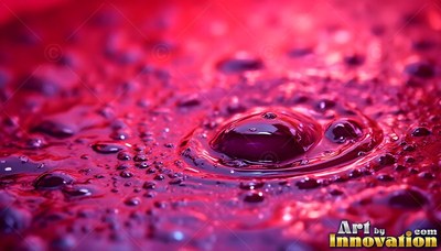 In a shallow pool of pink liquid, a dark purple droplet creates ripples