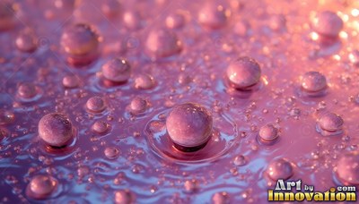 Resting on a wet pink surface, round water drops reflect soft yellow light