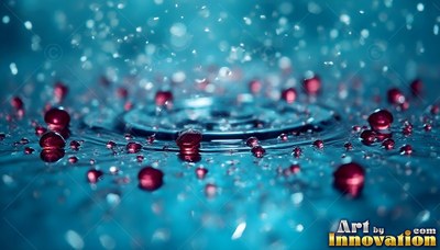 Red droplets splashing on blue water ripples