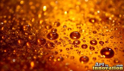 Round shiny droplets of amber liquid rest scattered across a warm yellow surface