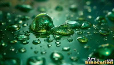Green water drops rest on a flat surface, catching soft bright light from above