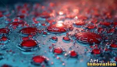 Close up at a low angle on a flat surface, red water drops resting on blue liquid
