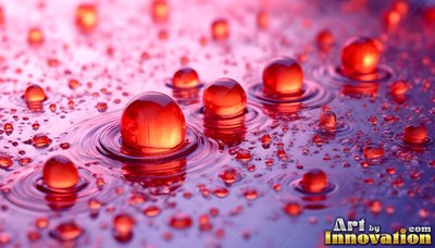 Round red water drops rest on a wet purple surface making small ripples