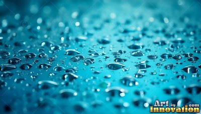 On a smooth teal surface, small clear water droplets rest in soft focus