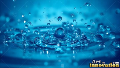 Splashing into ripples, bright blue water throws droplets into the air