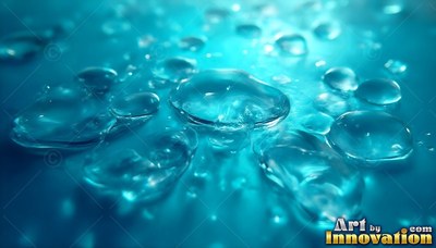 Clear water droplets resting on a smooth turquoise surface