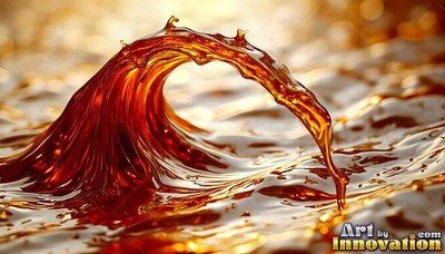 Amber liquid arches into a small curling wave with warm golden highlights