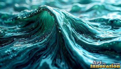 Curving upward at the center, a wave of thick teal liquid ripples across the water surface