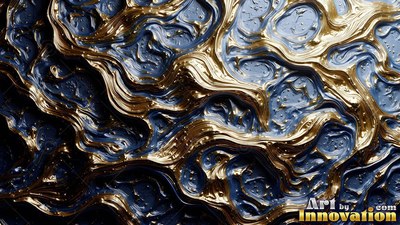 Thick gold fluid ripples and curls across bumpy dark blue liquid