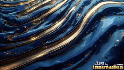 Across deep blue ripples, bright gold fluid runs in glossy waves