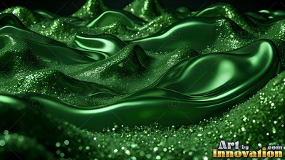 Flowing in smooth ripples, shiny green liquid rises over mounds of sparkling glitter