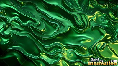 Curving ripples of thick green liquid reflect pale yellow light across a swirling surface