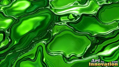 Seen from above, shiny green liquid swirls across a flat surface