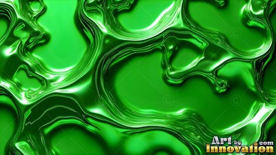Across a bright surface, glossy green liquid forms curved ripples and pools