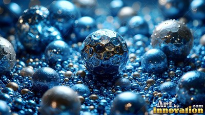 Shiny blue and silver spheres resting on tiny beads