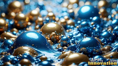 Glossy blue bubbles rise over thick gold and blue liquid under gentle light
