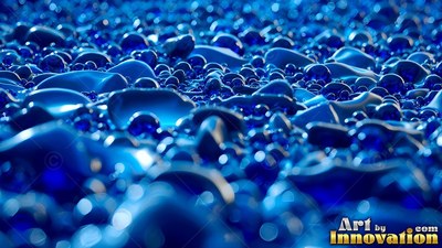 Blue fluid drops cover a wet surface with soft reflections under bright light