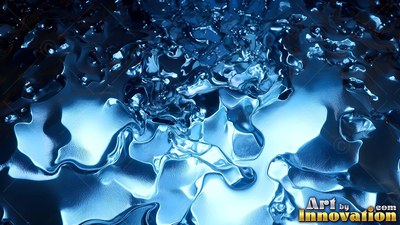 Seen from above, rippling blue metallic liquid covers a dark surface