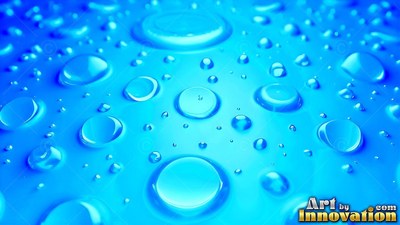 On a smooth blue surface, round clear water droplets rest in bright light