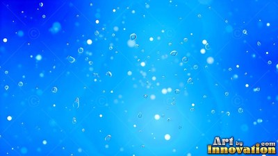 Floating in bright blue water, small clear bubbles rise through muted light