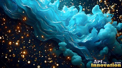 Smooth ridges on light dark blue liquid swirl through a dark space with tiny gold lights