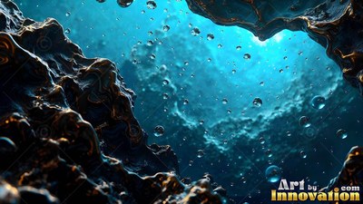 Water bubbles float between dark metallic rock folds lit by bright blue sunlight