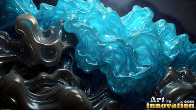 Rising diagonally, wavy bright cyan fluid ripples over thick black waves