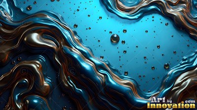 Thick blue and bronze metallic liquid flows with tiny round drops scattered across it