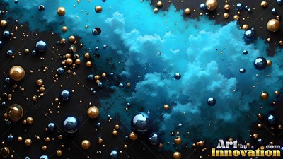 In dark space, a bright blue cloud mixes with shiny gold and blue spheres