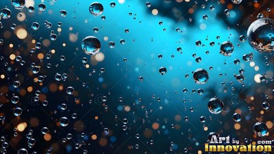 Floating in the air, clear water drops drift across blue and warm lights