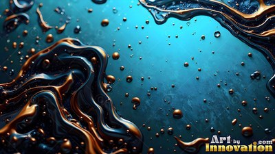 Swirling gold and black liquid with small drops on blue