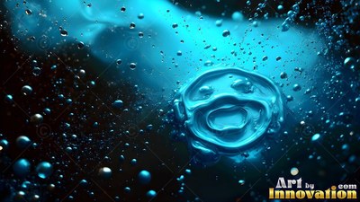 Rippled rings form a round blue water bubble surrounded by tiny droplets in dark fluid