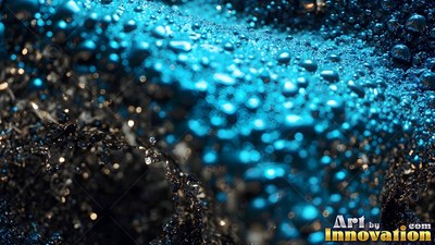 Blue fluid droplets splash across dark gravel, catching bright turquoise highlights