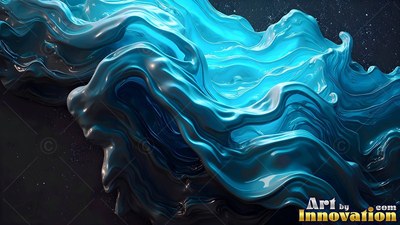 Rippling from above against dark space, blue glossy fluid waves sweep across