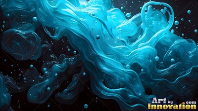Thick bright blue liquid swirls and curls with small bubbles on a dark background