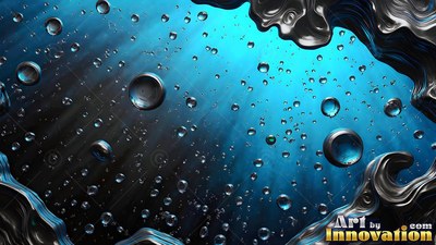 In deep blue water, round liquid bubbles drift between dark silver waves