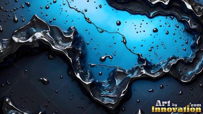 Spilling in thick waves, shiny silver liquid splashes over bright blue water